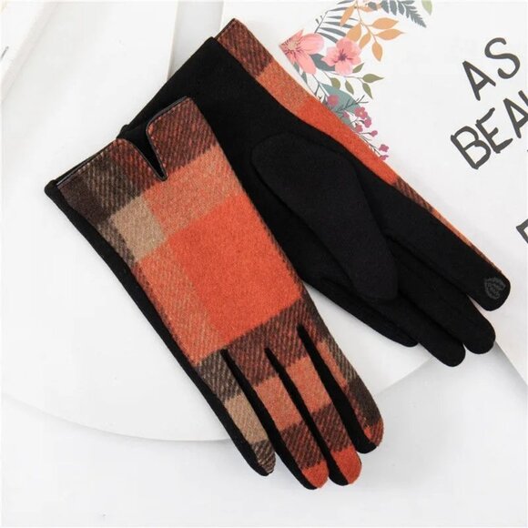 2/$30 Plaid Touchscreen Winter Gloves One Size Soft & Warm Orange/Brown - Picture 1 of 8